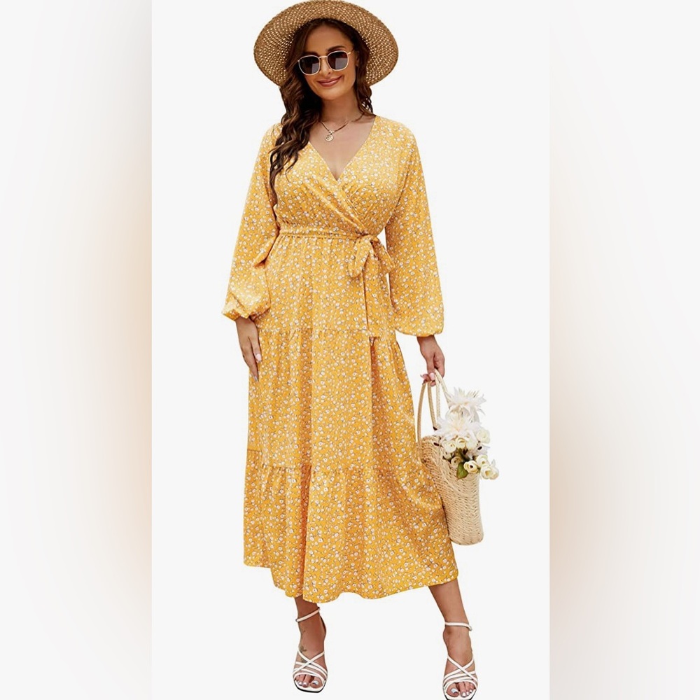 Plus Size V Neck Wrap Maxi Dress High Waist Ruffle Summer Casual Dress with Belt